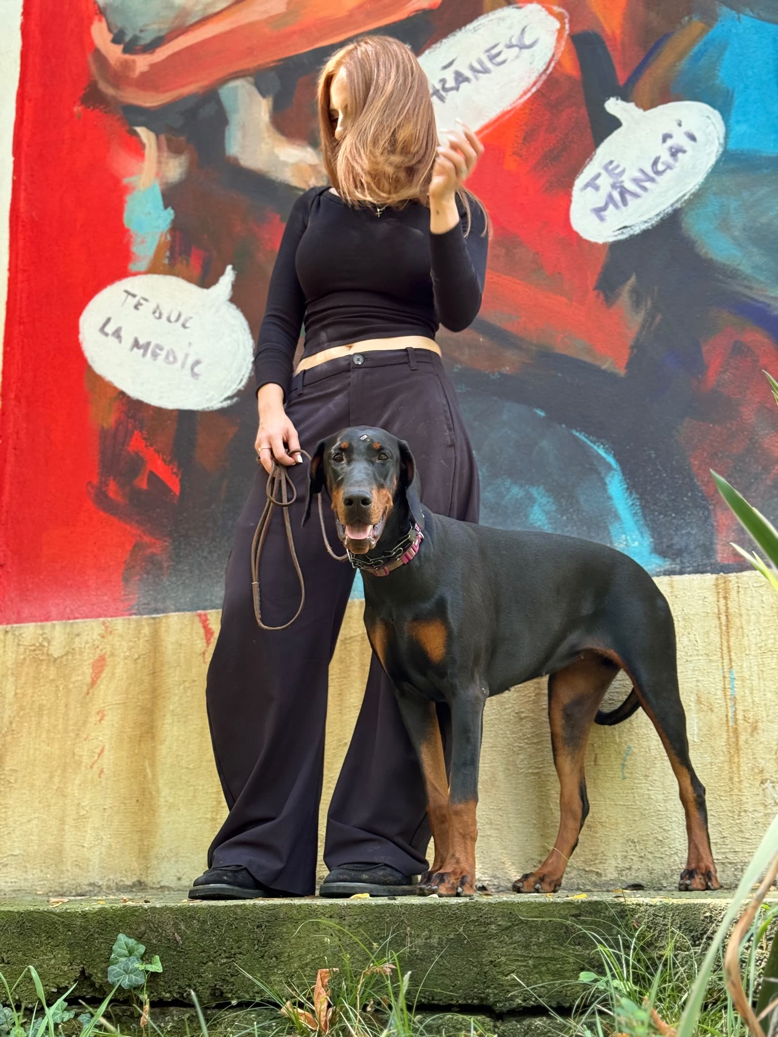 Doberman stând calm în lesă lângă stăpâna lui, în fața unui perete pictat
